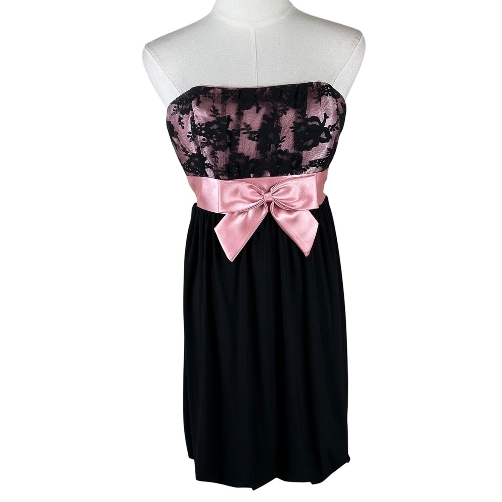 Vtg Fiesta Dress Womens S Pink Black Lace Bow Strapless Mini Coquette Party Y2K